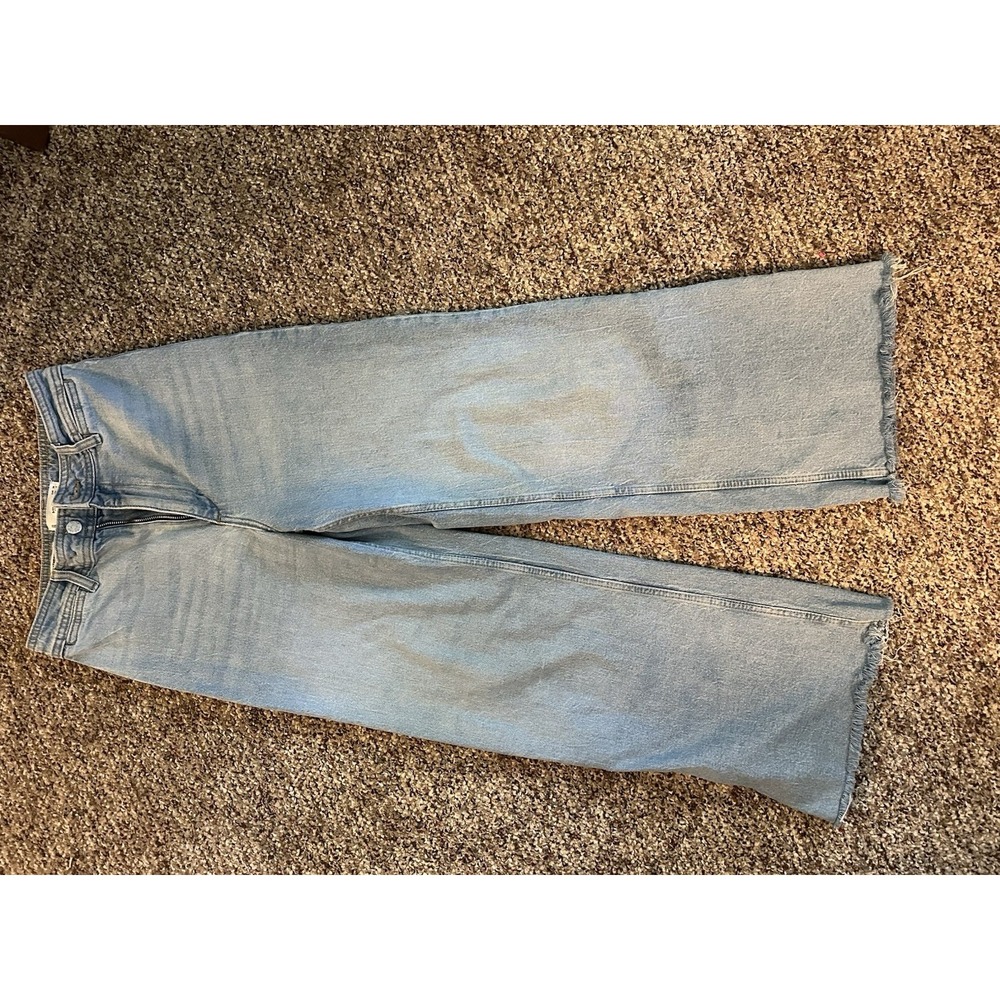 Mango MNG Jeans Womens 4 Blue Denim Wide Leg High Waist Button Fly Raw Hem